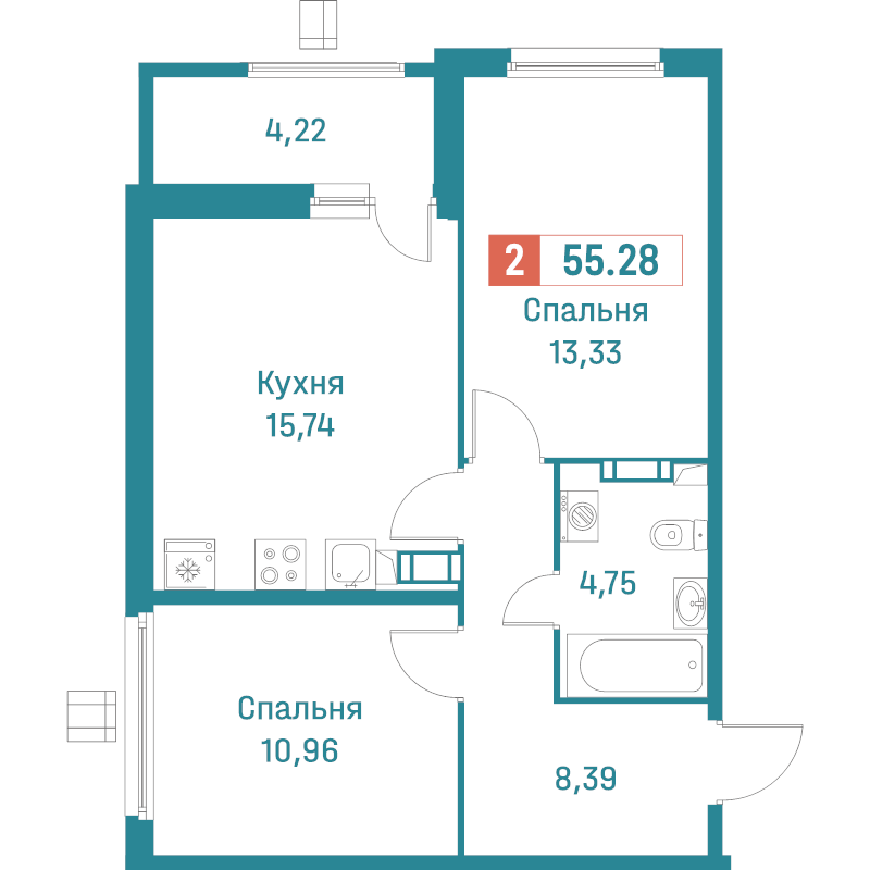 3-комнатная (Евро) квартира, 55.28 м² в ЖК "Графика" - планировка, фото №1
