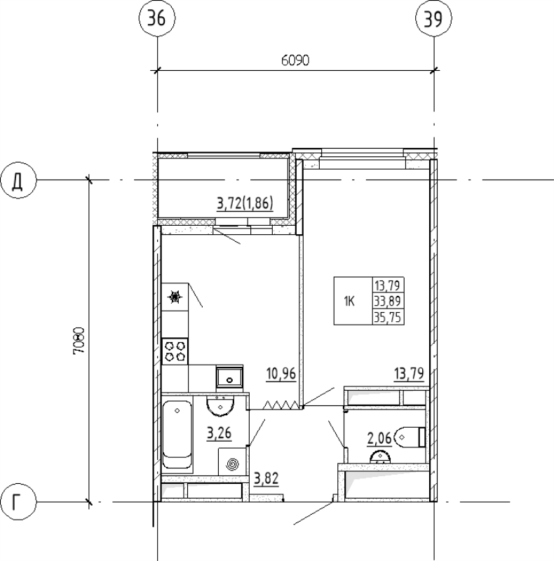 1-комнатная квартира, 35.75 м² - планировка, фото №1