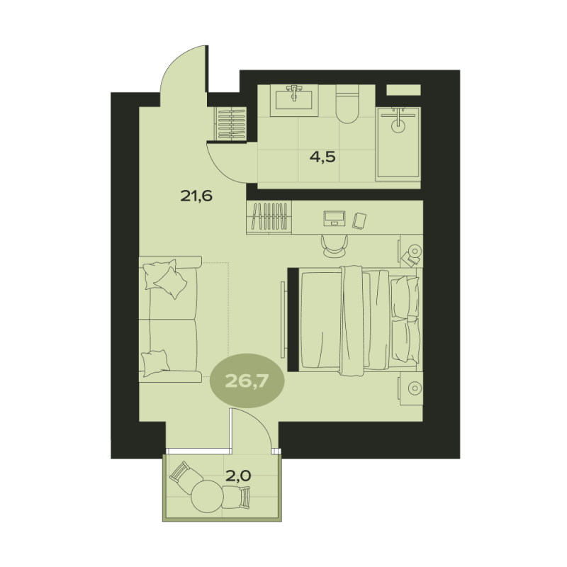 1-комнатная квартира, 28.1 м² в ЖК "Место в Смолячково" - планировка, фото №1