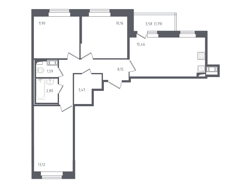 4-комнатная (Евро) квартира, 66.9 м² - планировка, фото №1