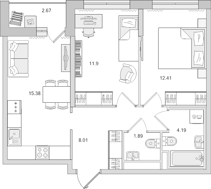 3-комнатная (Евро) квартира, 53.78 м² - планировка, фото №1