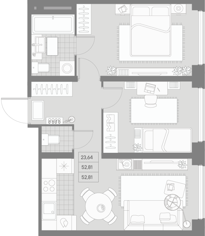 3-комнатная (Евро) квартира, 52.81 м² - планировка, фото №1