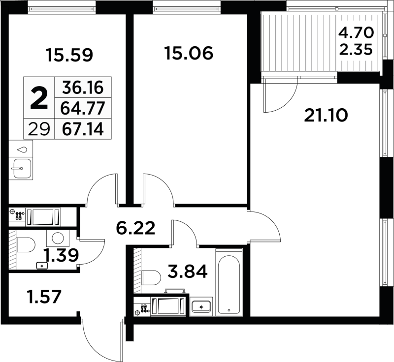 2-комнатная квартира, 69 м² - планировка, фото №1