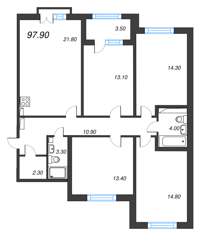 5-комнатная (Евро) квартира, 97.9 м² - планировка, фото №1