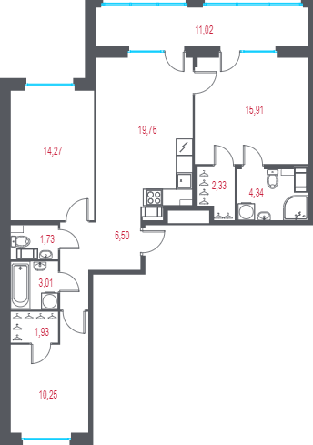 4-комнатная (Евро) квартира, 83.34 м² в ЖК "Город-спутник Южный" - планировка, фото №1