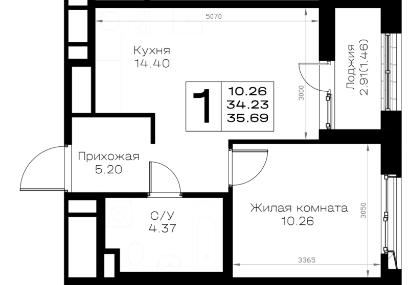 1-комнатная квартира, 35.69 м² в ЖК "Борский" - планировка, фото №1
