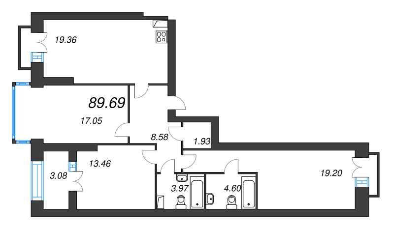 4-комнатная (Евро) квартира, 94.1 м² - планировка, фото №1