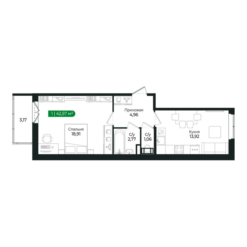 1-комнатная квартира, 41.5 м² в ЖК "Сертолово Парк" - планировка, фото №1