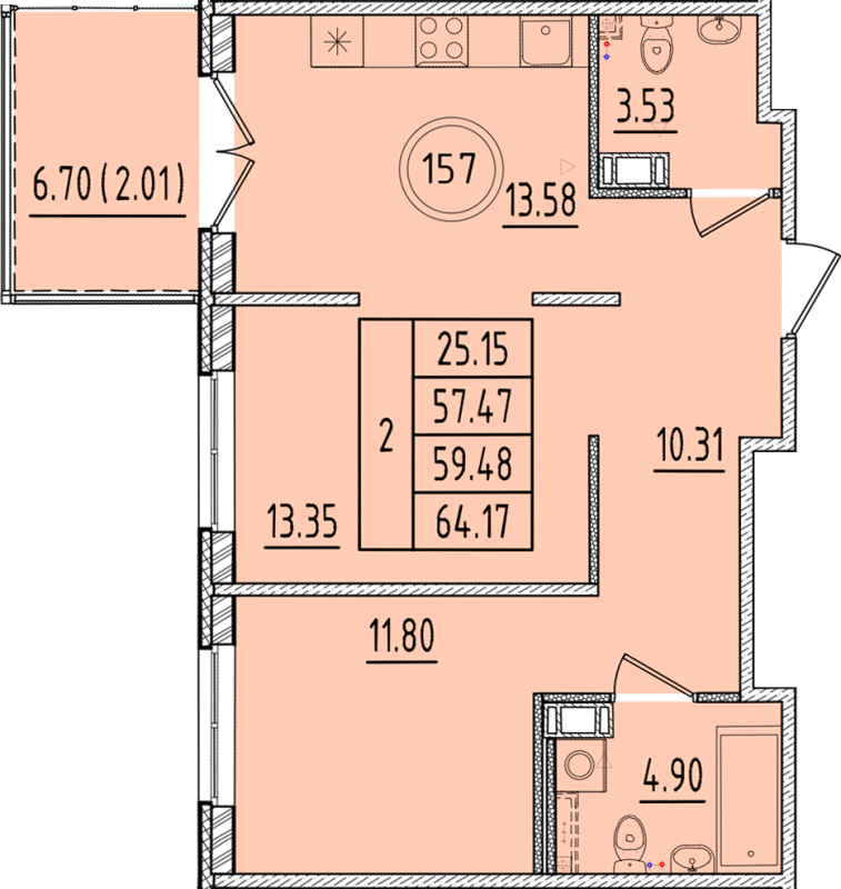 2-комнатная квартира, 57.47 м² - планировка, фото №1