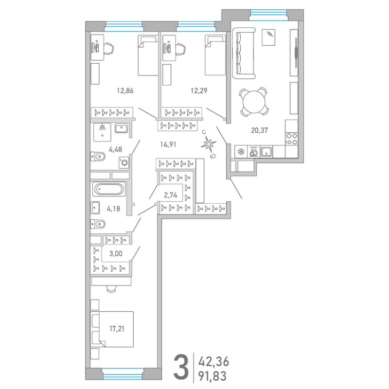 4-комнатная (Евро) квартира, 91.89 м² - планировка, фото №1
