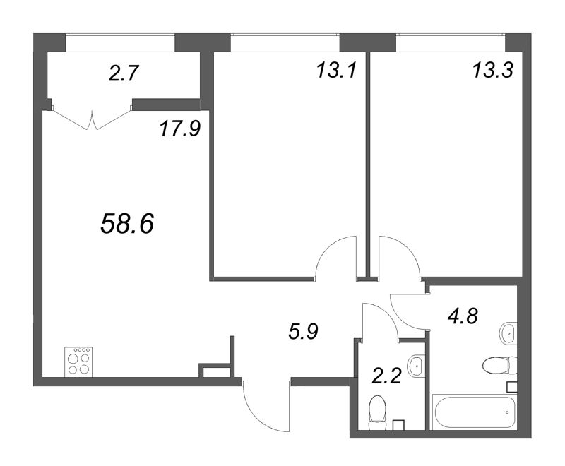 3-комнатная (Евро) квартира, 58.6 м² в ЖК "Кронунг ЮГ" - планировка, фото №1