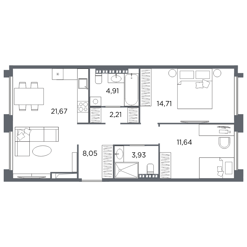 3-комнатная (Евро) квартира, 67.12 м² в ЖК "Акватория" - планировка, фото №1