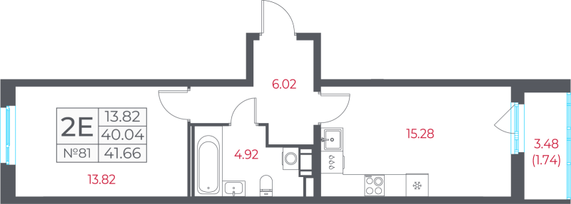 2-комнатная (Евро) квартира, 41.66 м² в ЖК "Город-спутник Южный" - планировка, фото №1