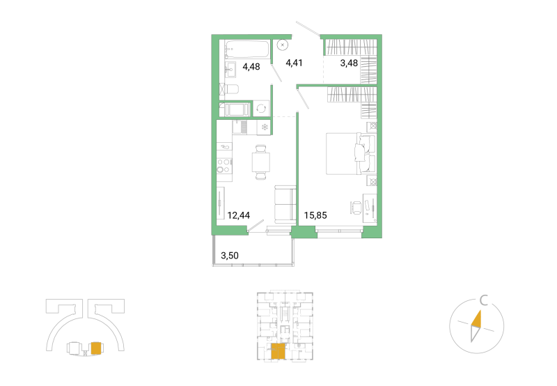 1-комнатная квартира, 41.71 м² в ЖК "Окла Вижн" - планировка, фото №1