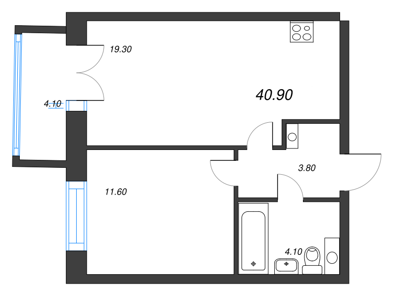 2-комнатная (Евро) квартира, 41.2 м² - планировка, фото №1