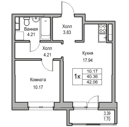 1-комнатная квартира, 42.06 м² в ЖК "Юнтолово" - планировка, фото №1