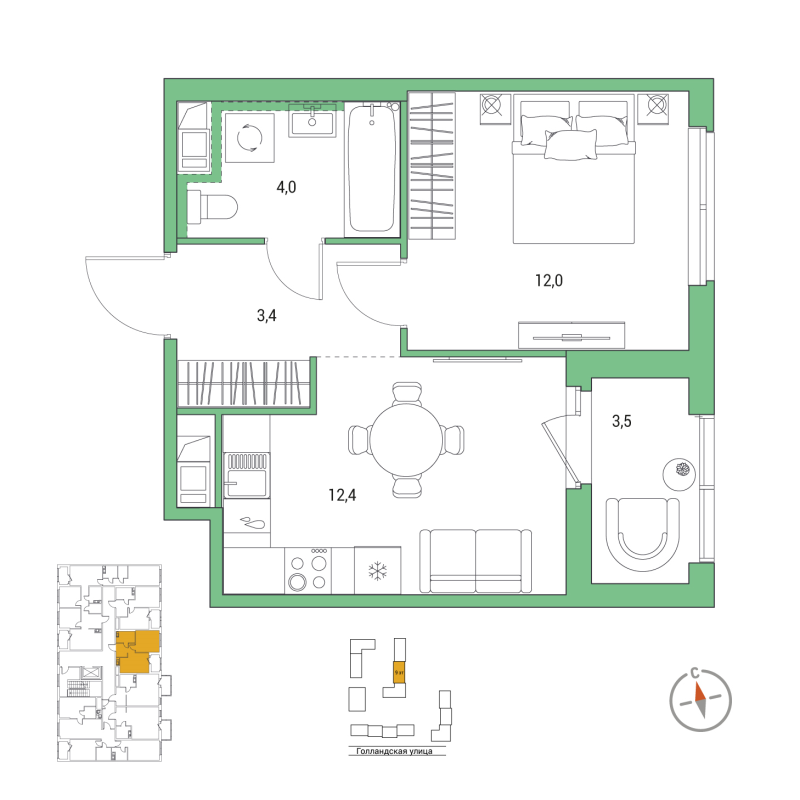 1-комнатная квартира, 33.6 м² в ЖК "Янила Форест" - планировка, фото №1