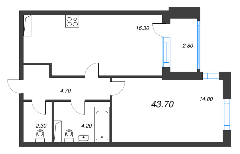 2-комнатная (Евро) квартира, 43.9 м² - планировка, фото №1