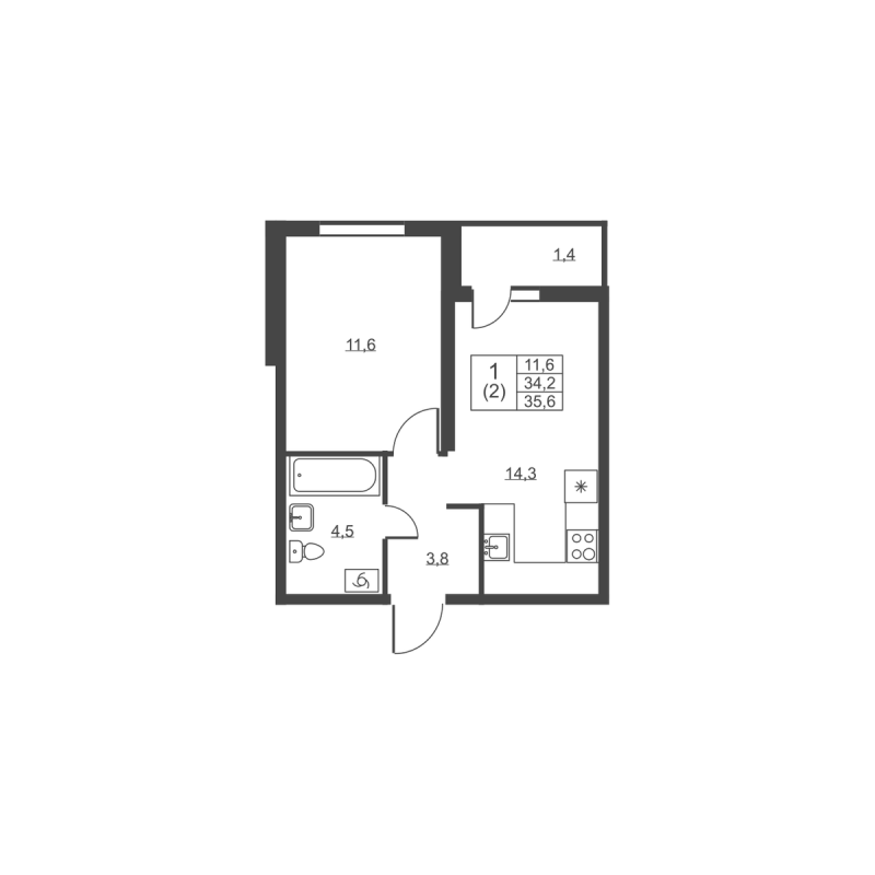 1-комнатная квартира, 35.6 м² в ЖК "Ермак" - планировка, фото №1