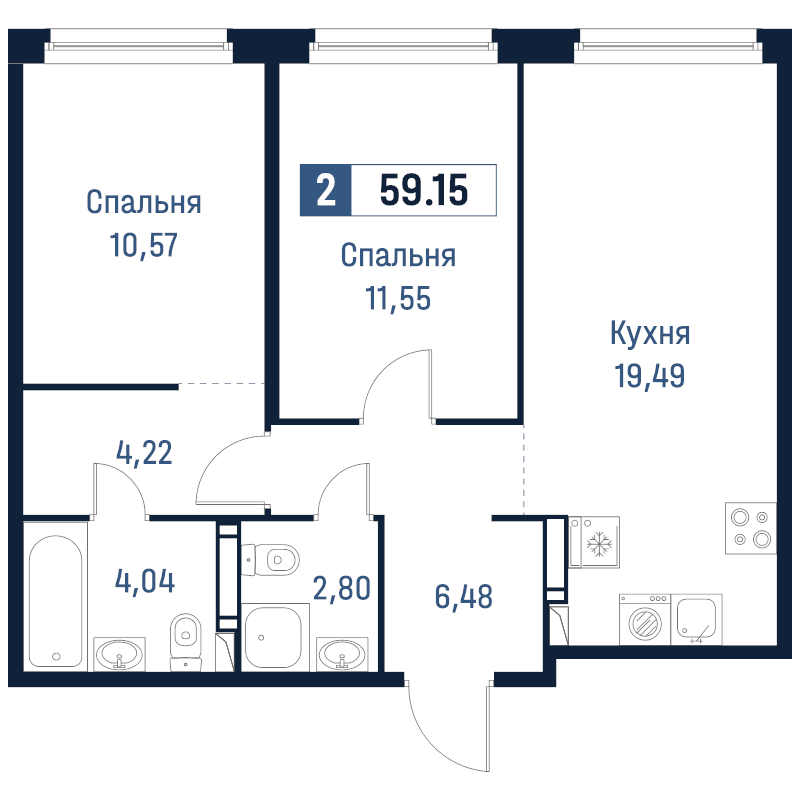 3-комнатная (Евро) квартира, 59.15 м² в ЖК "Максималист" - планировка, фото №1