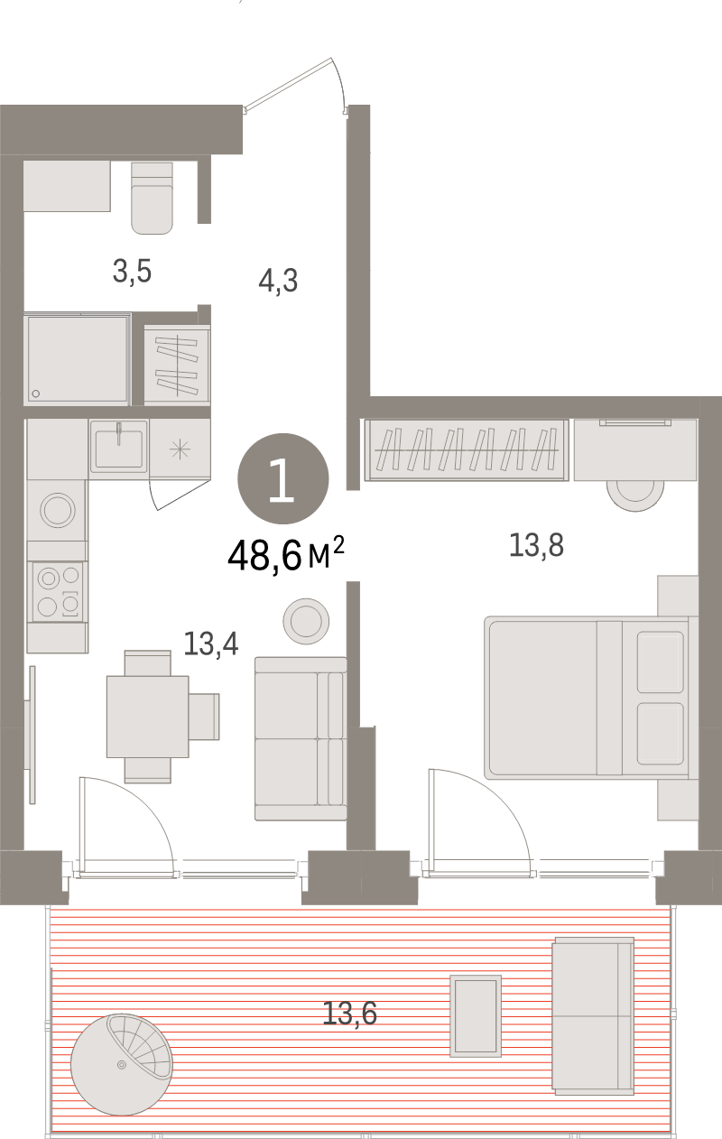 1-комнатная квартира, 48.6 м² - планировка, фото №1