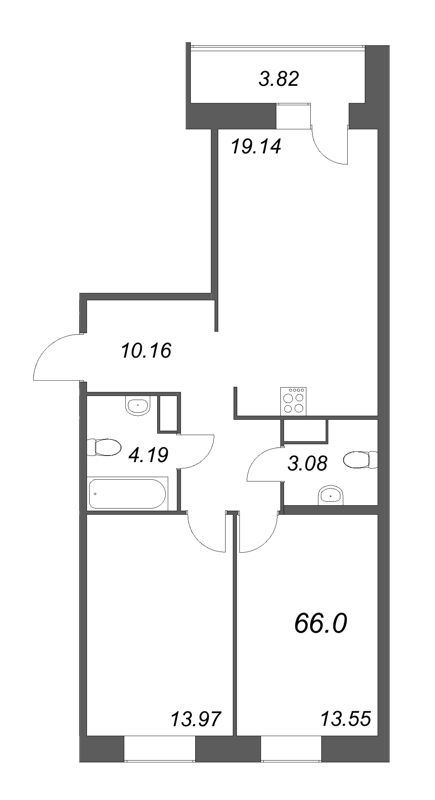 3-комнатная (Евро) квартира, 66 м² - планировка, фото №1