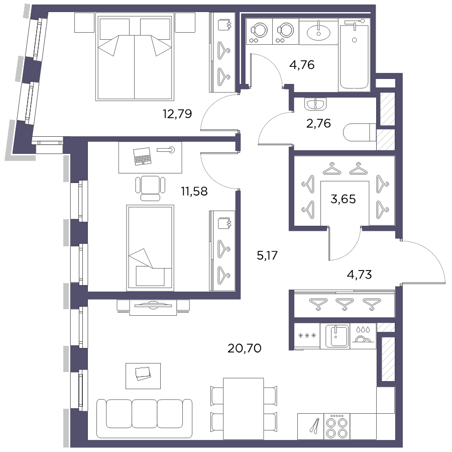 3-комнатная (Евро) квартира, 65.26 м² - планировка, фото №1
