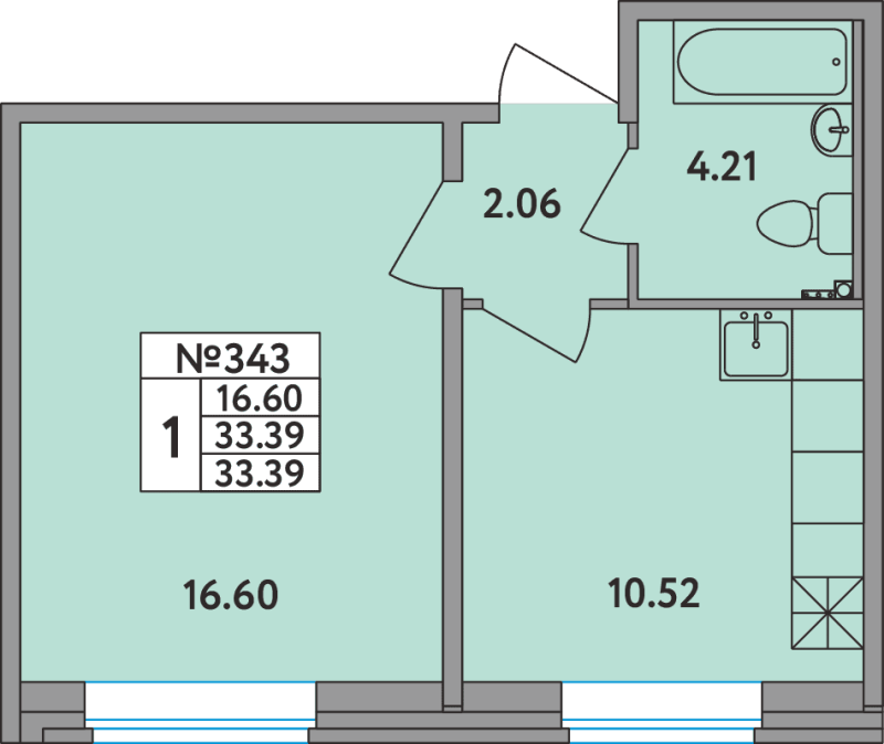 1-комнатная квартира, 33.39 м² в ЖК "Удача (Вита)" - планировка, фото №1