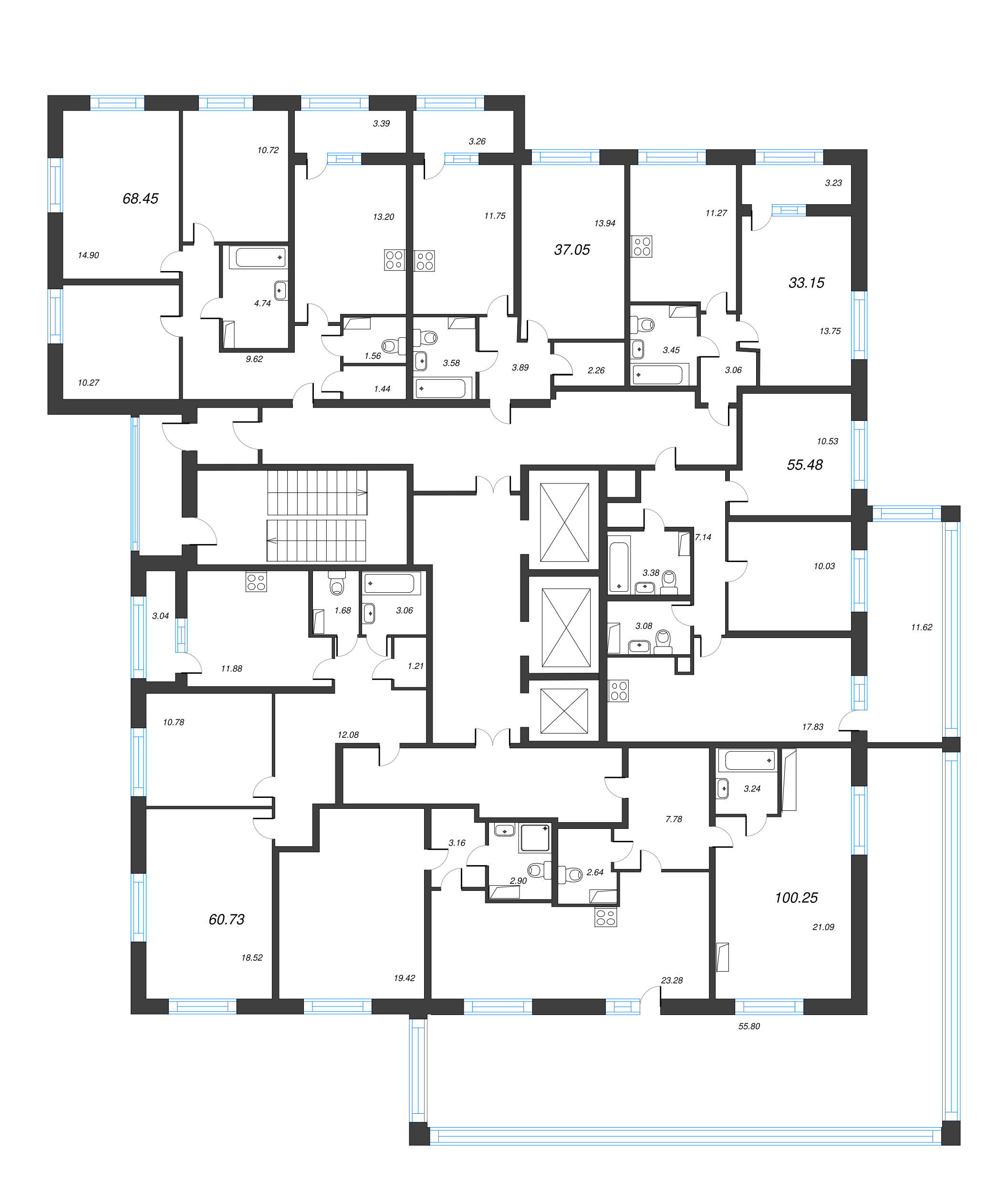 3-комнатная (Евро) квартира, 55.48 м² - планировка этажа