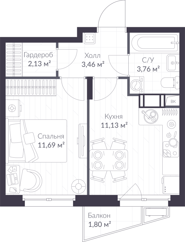 1-комнатная квартира, 32.71 м² в ЖК "ВЕРЕН НОРТ сертолово" - планировка, фото №1