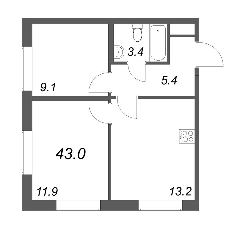 2-комнатная квартира, 43 м² - планировка, фото №1