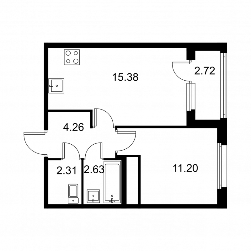 2-комнатная (Евро) квартира, 37.14 м² в ЖК "Квартал Заречье" - планировка, фото №1