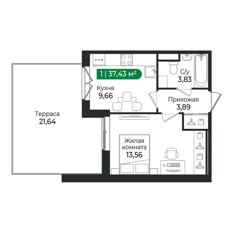 1-комнатная квартира, 37.43 м² в ЖК "Сертолово Парк" - планировка, фото №1