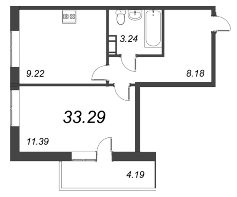 1-комнатная квартира, 33.29 м² в ЖК "Капральский" - планировка, фото №1