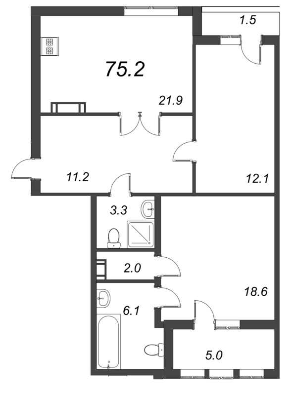 3-комнатная (Евро) квартира, 75 м² - планировка, фото №1