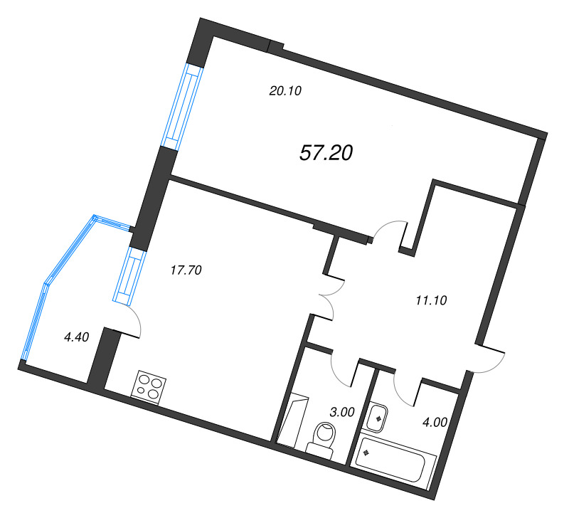 1-комнатная квартира, 57.2 м² - планировка, фото №1
