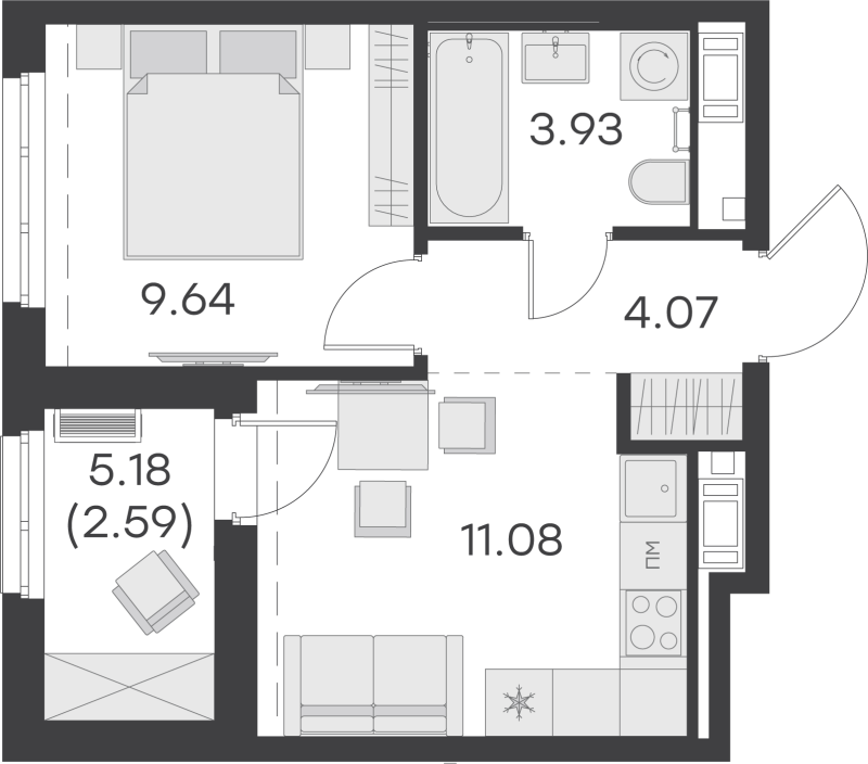 1-комнатная квартира, 31.31 м² - планировка, фото №1