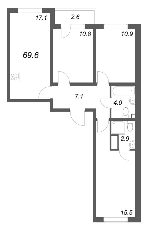 4-комнатная (Евро) квартира, 69.6 м² в ЖК "Ручьи" - планировка, фото №1