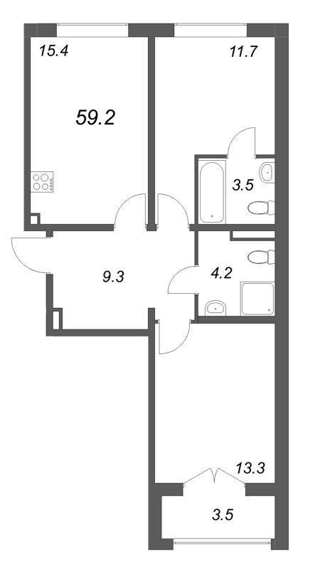 3-комнатная (Евро) квартира, 59.2 м² в ЖК "Пулково Lake" - планировка, фото №1