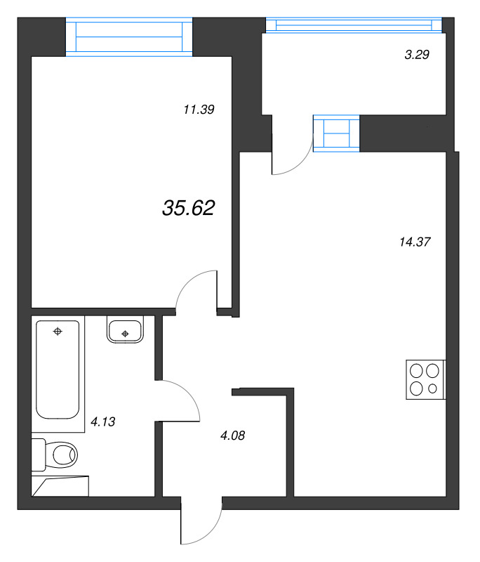 1-комнатная квартира, 35.62 м² в ЖК "Уютный" - планировка, фото №1