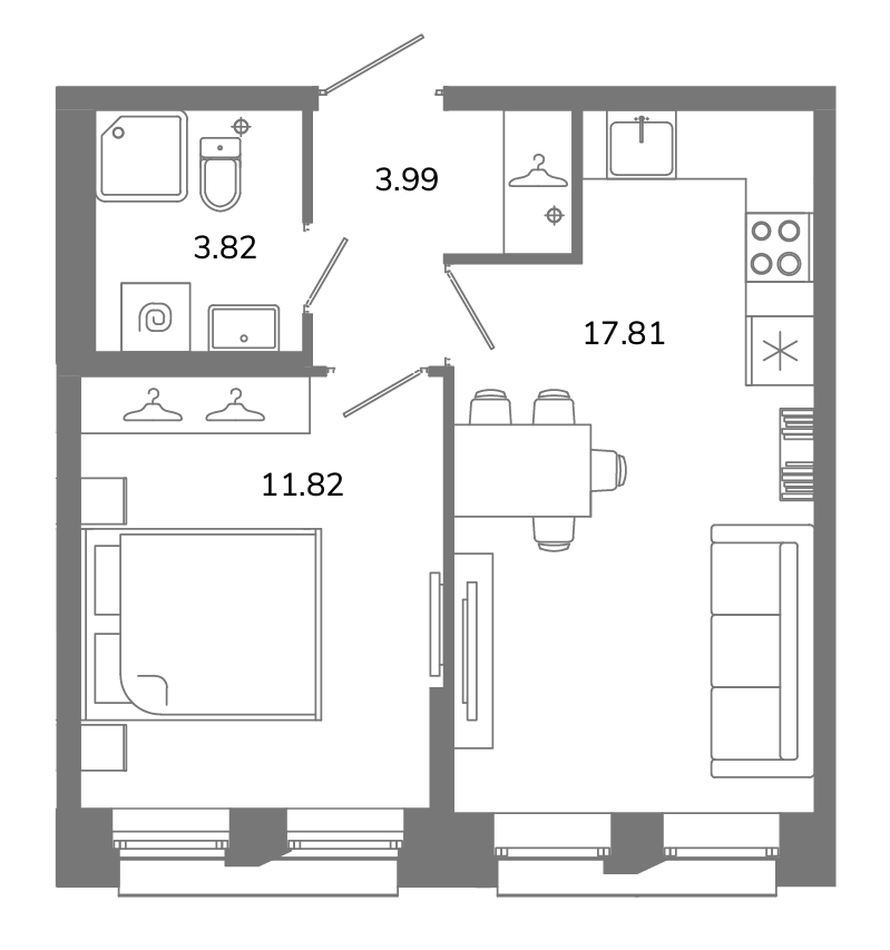 2-комнатная (Евро) квартира, 37.44 м² в ЖК "Твой космос" - планировка, фото №1