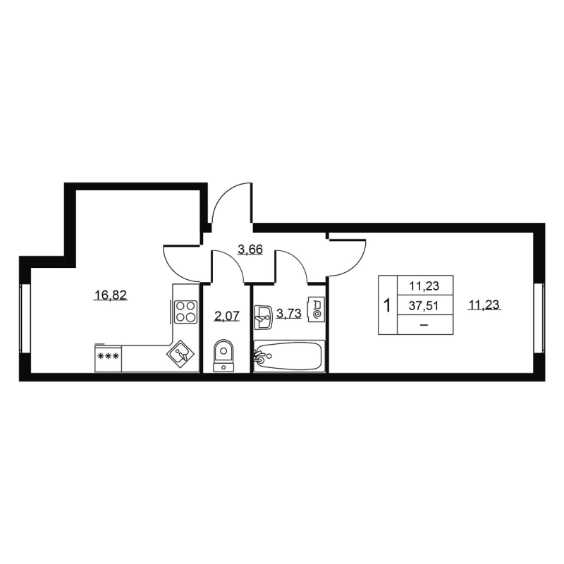 2-комнатная (Евро) квартира, 37.51 м² в ЖК "Пулковское, 34" - планировка, фото №1