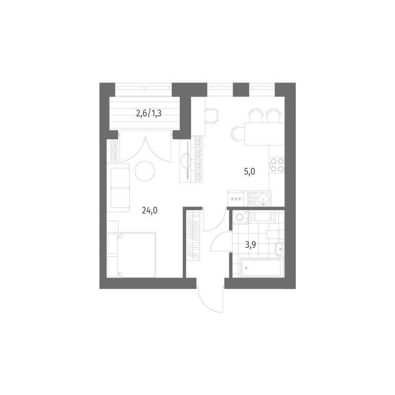 1-комнатная квартира, 38.09 м² - планировка, фото №1
