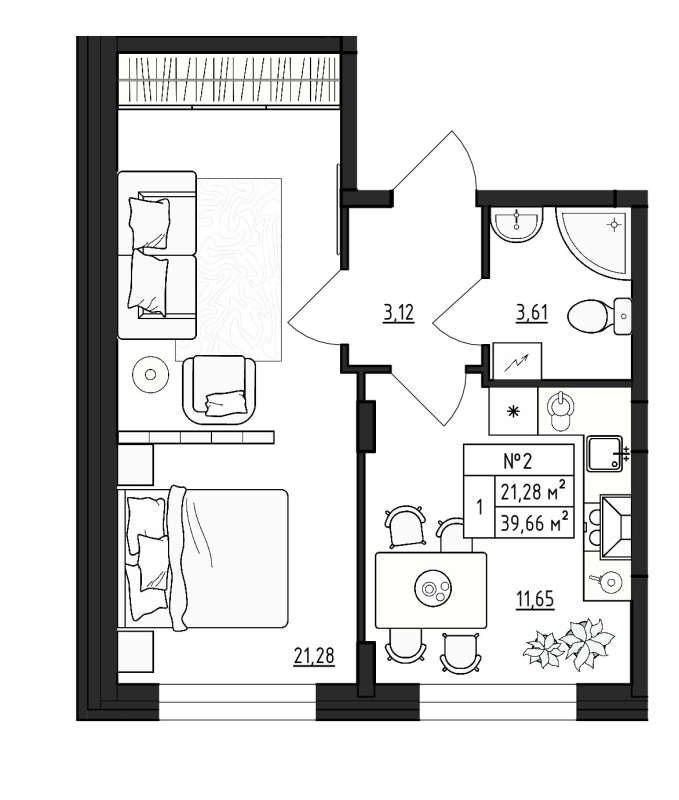 1-комнатная квартира, 39.66 м² в ЖК "Верево Сити" - планировка, фото №1