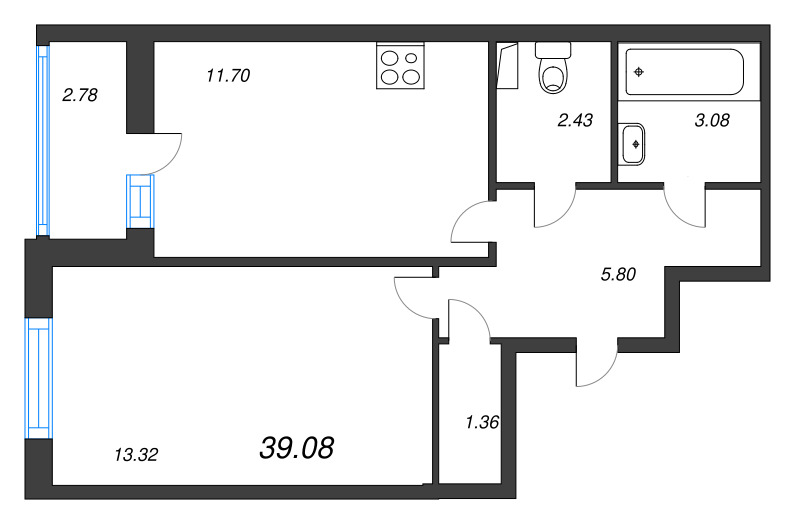 1-комнатная квартира, 39.08 м² - планировка, фото №1