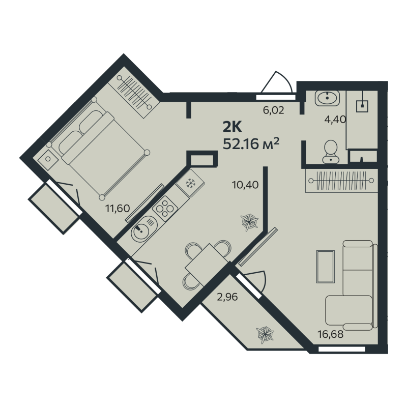 2-комнатная квартира, 52.16 м² в ЖК "Эдельвейс.Янино" - планировка, фото №1