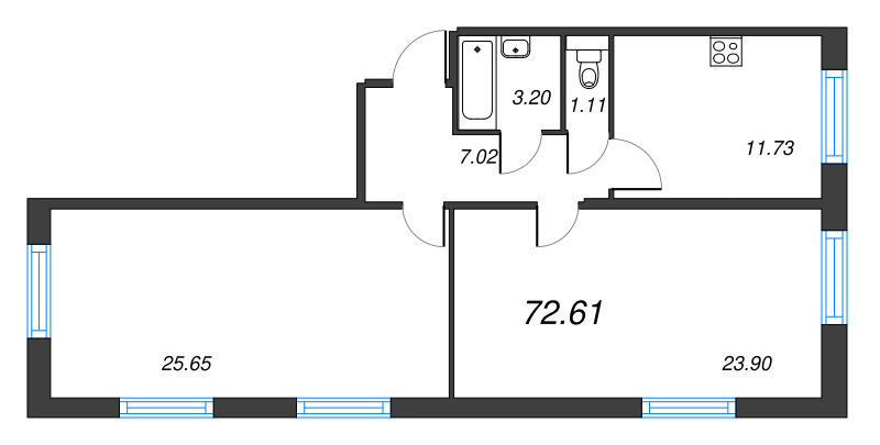 2-комнатная квартира, 72.61 м² - планировка, фото №1