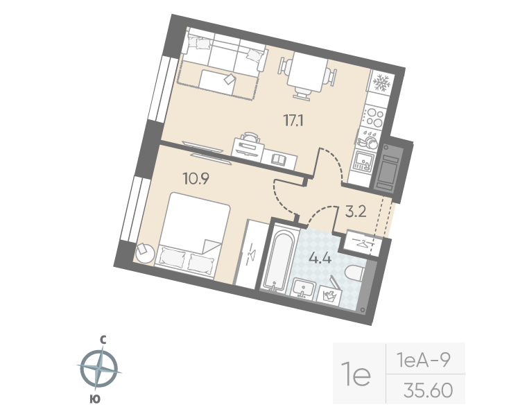 2-комнатная (Евро) квартира, 35.6 м² в ЖК "Большая Охта" - планировка, фото №1