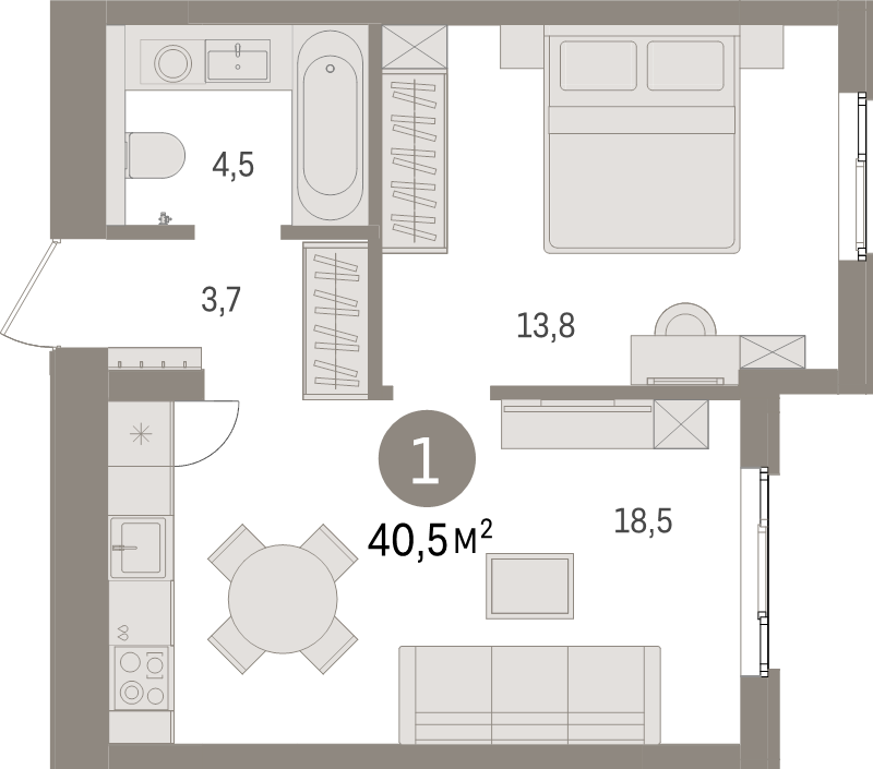 2-комнатная (Евро) квартира, 40.5 м² в ЖК "Брусника в Новоселье" - планировка, фото №1