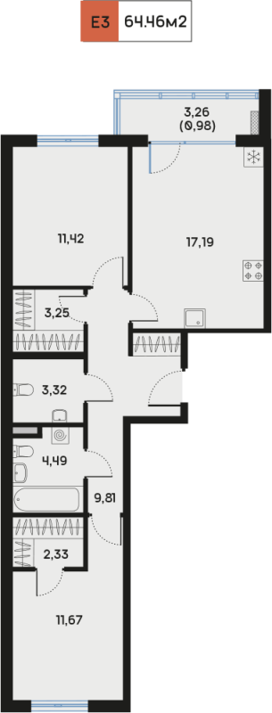 3-комнатная (Евро) квартира, 65.05 м² - планировка, фото №1